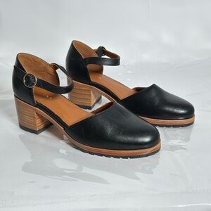 Portland Leather Patina Black Leather Mary Jane Block Heel Shoe Size 9